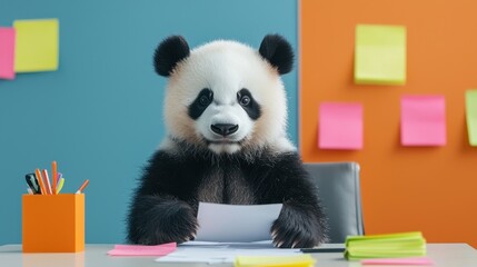 Cute panda sitting at a desk holding papers surrounded by colorful sticky notes in a lively office environment