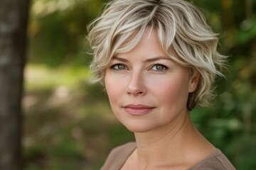 Fototapeta premium Confident caucasian mature woman outdoors with short blonde hair
