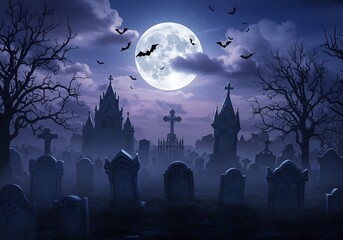 Fototapeta premium Spooky Graveyard at Night with Full Moon and Bats