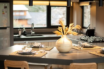 Kitchen in a modern house, interior photography in a mountain house