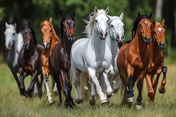 Fototapeta premium Group of Horses Running Wild Across Grassy Field in the Countryside