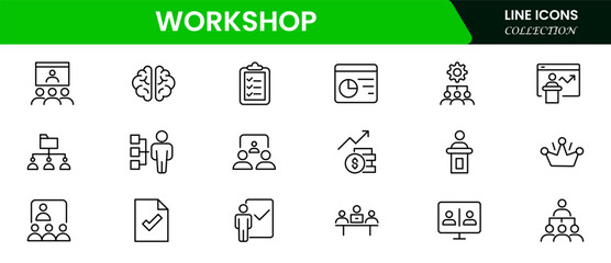 Set of Workshop and Coaching line icons. Outline icon collection related to training, coaching, mentoring, education, meetings, conferences, and teamwork.