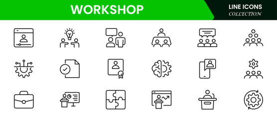 Set of Workshop and Coaching line icons. Outline icon collection related to training, coaching, mentoring, education, meetings, conferences, and teamwork.