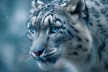 Close-up of snow leopard face, showing detailed fur texture and bright blue eyes, conveying wildness, beauty, and grace, ideal for nature or wildlife themes