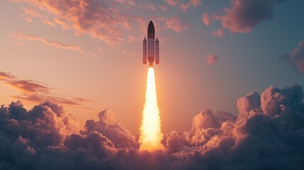 Rocket Launching into a Blue Sky with Clouds and Orange Flames in Dramatic Sunset Background