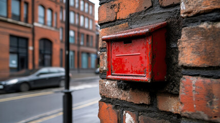 vibrant red post box stands out against weathered brick wall in urban setting, evoking sense of nostalgia and charm