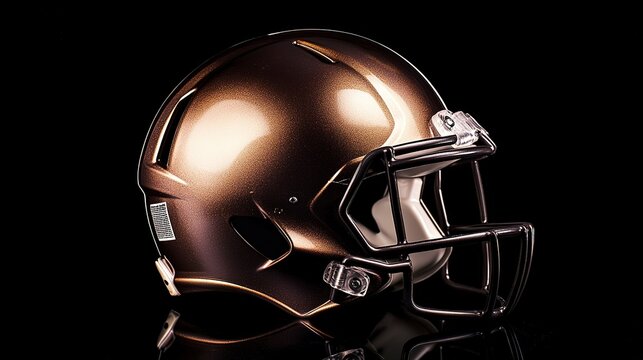A bronze football helmet gleaming under dramatic lighting, a symbol of strength, resilience, and the thrill of the game.