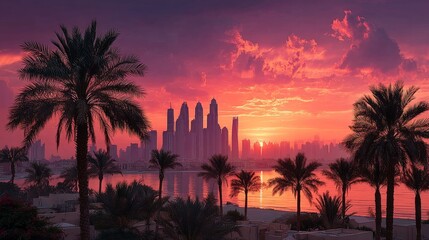 Stunning Dubai skyline at sunset with vibrant orange-pink hues and palm trees