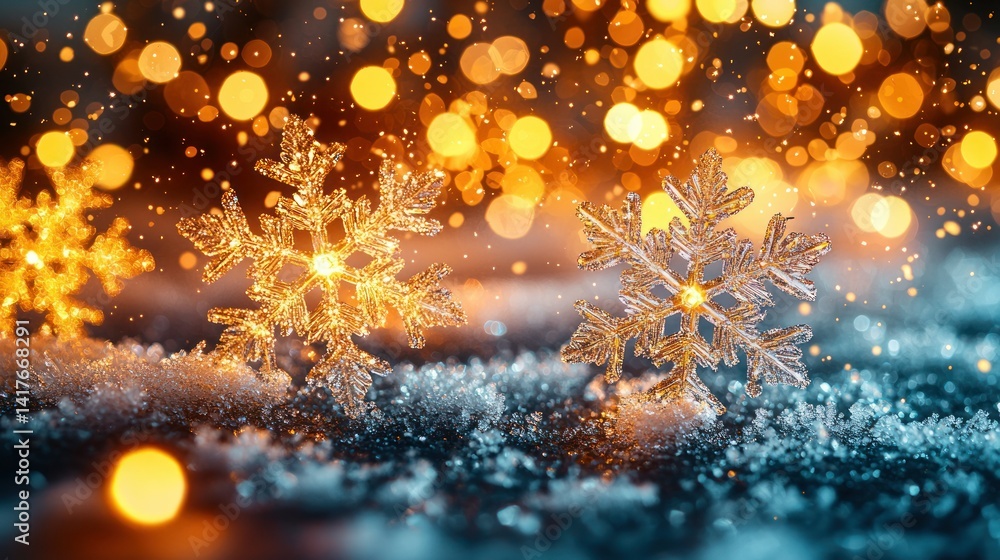 Poster beautifully illuminated snowflakes on a sparkling winter background with bokeh
