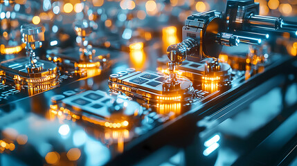 A close-up view of a futuristic circuit board with glowing elements, showcasing intricate electronic components and modern technological designs.