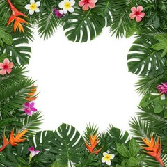 Tropical frame with monstera leaves palm fronds hibiscus and bird of paradise flowers on white