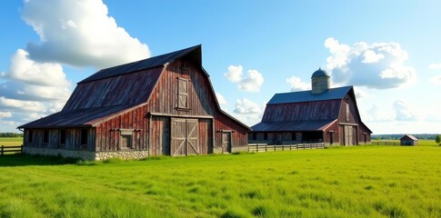 Obraz premium Historic wooden barns and silos in a rural farm setting, traditional, rustic