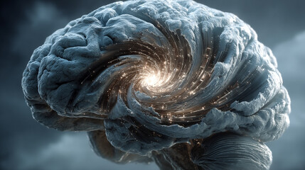 Glowing brain with swirling patterns symbolizes machine intelligence data processing and artificial brainpower merging human thought with advanced algorithms in a digital future concept

