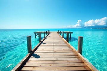 Idyllic wooden dock stretching into clear blue ocean under sunny sky, seascape, relaxing