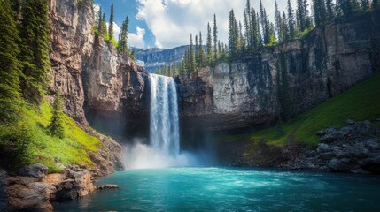 Fototapeta premium Majestic cascade surrounded by cliffs and evergreen forest landscape