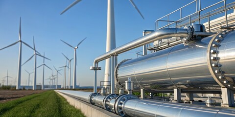 Green energy fuels a sustainable aviation fuel refinery, powered by wind, for eco-friendly air travel.