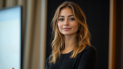 a confident female entrepreneur giving a presentation to her team in a sleek office boardroom