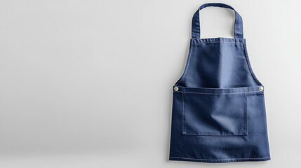 Blue denim apron hanging against a light background, ideal for culinary use