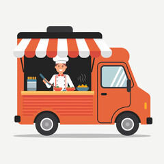Orange Food Truck with Chef Preparing Meal Illustration, Street Food Concept