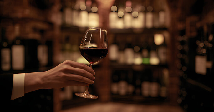 Hand holding a glass of red wine in a dimly lit wine cellar.
- Powered by Adobe