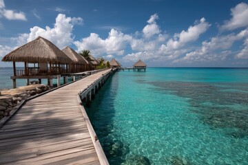 Overwater bungalows on a boardwalk in tropical beach; vacation rental promotion