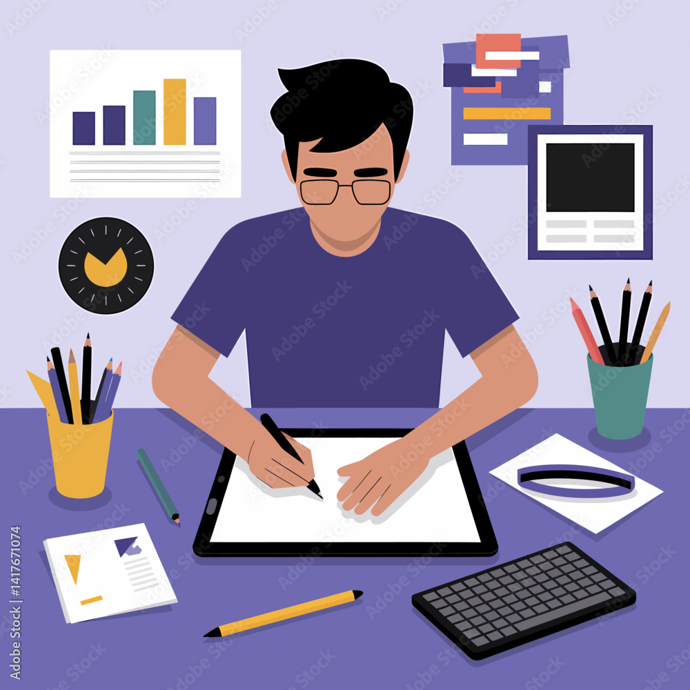 Poster digital artist creating artwork on graphic tablet at workspace with diagrams