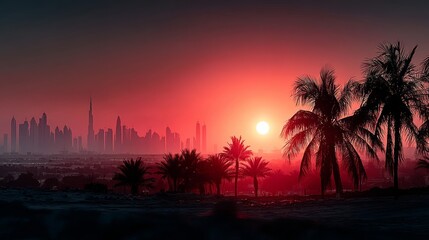 Dubai skyline against a retro orange-pink sunset with scattered palm trees creating a stunning cinematic view