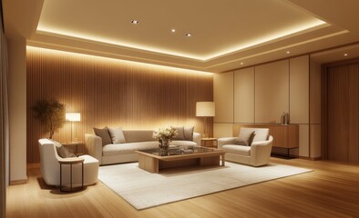 Modern wooden living room at night, ambient lighting, minimalist design, interior view