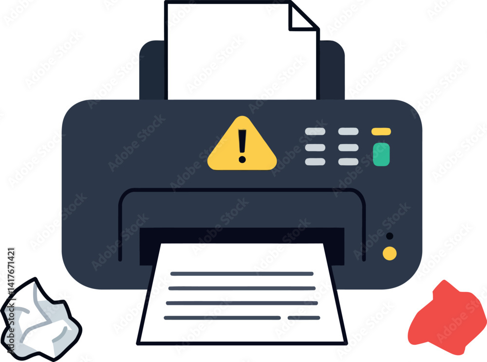 Poster office printer with warning sign and crumpled paper sheets flat minimal vector art