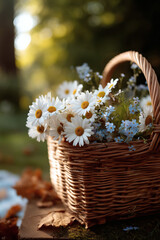 Basket filled with white daisies and small blue flowers, outdoors in a garden setting.