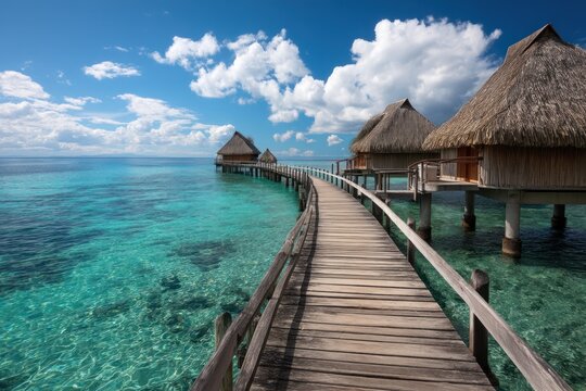 Overwater bungalows connected by boardwalk. Paradise island with crystal waters