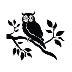 Branch with owl black silhouette of simple minimal vector