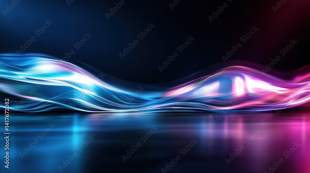Wall mural neon abstract waves on reflective floor