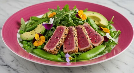 Seared Sesame Crusted Tuna Salad with Arugula, Snap Peas, and Avocado
