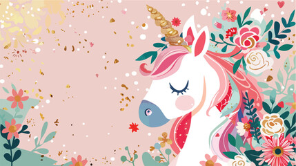 Magical Unicorn Party Invitation Card with Elegant Floral Decoration