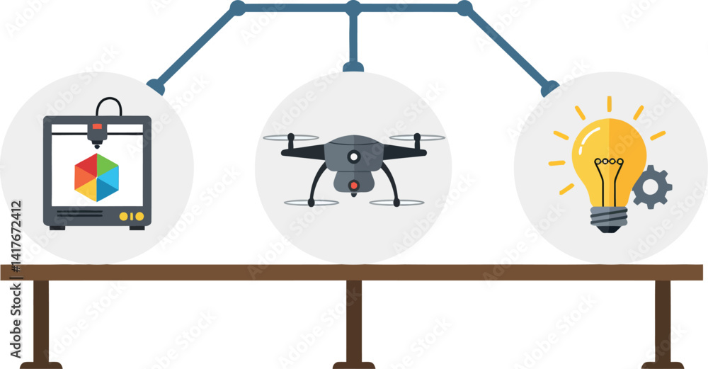 Poster modern technology concept with 3d printer drone and lightbulb in flat design vector illustration