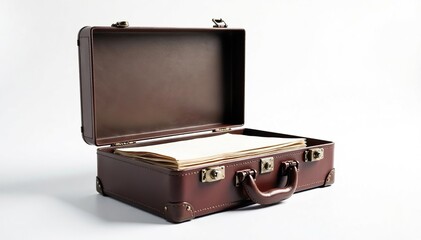 Locked briefcase, papers inside, white background,  locked, confidential