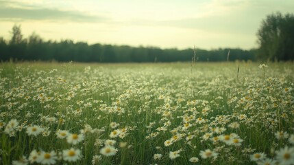 Fototapeta premium Tranquil Field of White Daisies Under Soft Evening Light in Nature's Paradise