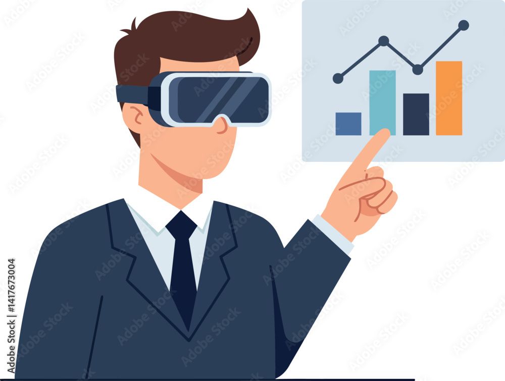 Poster businessman wearing virtual reality headset analyzing colorful bar chart with line graph in flat des