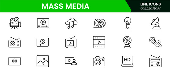 Mass media and journalism. TV show, program, news, report, video and interview.Outline icon collection.