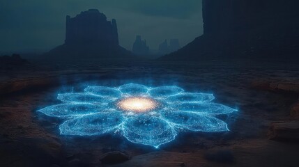 Mystical, glowing flower mandala in desert landscape