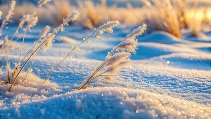 Obraz premium Close-up of snow-covered dry grass in winter with frosty texture and delicate patterns, cold weather