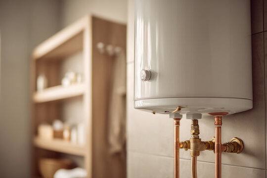 Close-up of a white water heater with copper pipes, mounted on a tiled wall, blurred shelving in the background showcasing a bathroom interior, suggesting home improvement or plumbing concepts