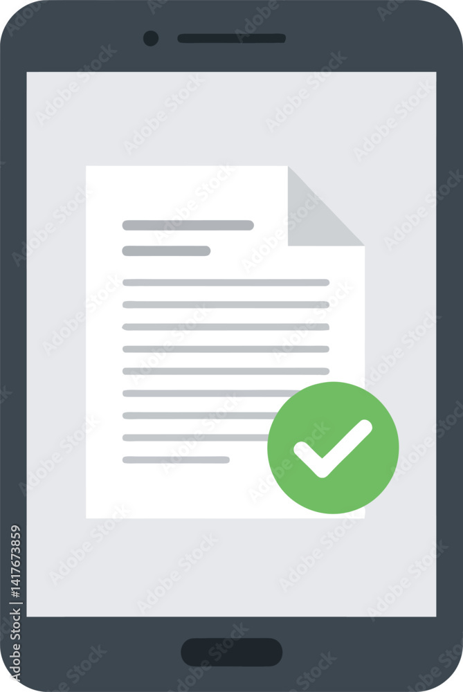 Poster modern smartphone displaying document with checkmark icon flat design digital vector illustration