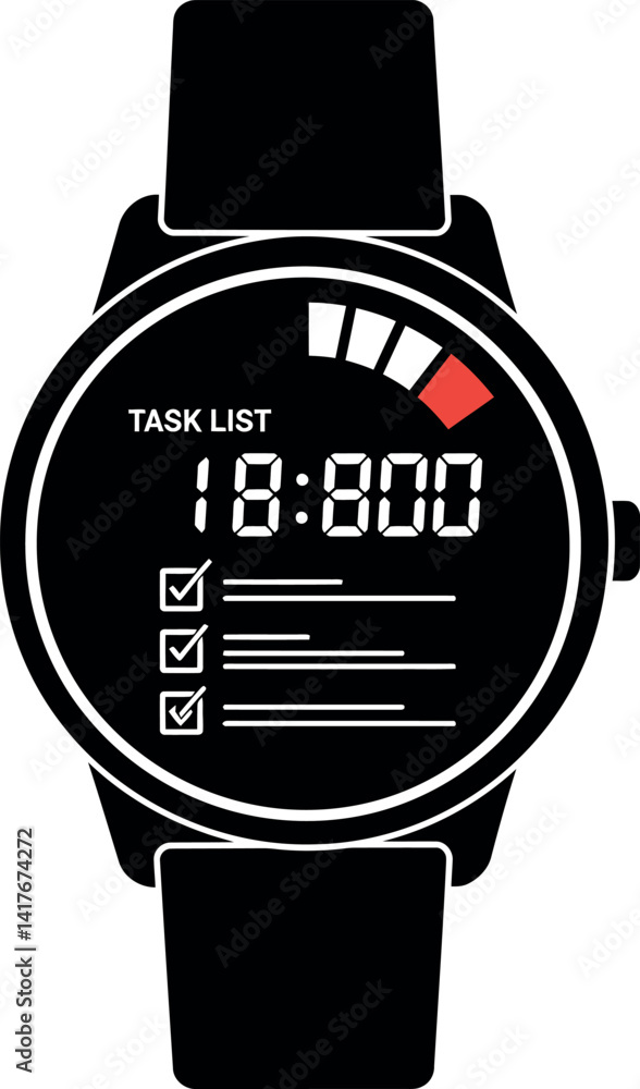 Poster smartwatch with digital task list and time display flat minimal black silhouette vector illustration