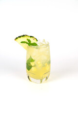 Mojito cocktail with lime and mint served in a glass on a white background