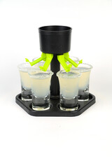 Cocktail drinks served in glasses on a white background.