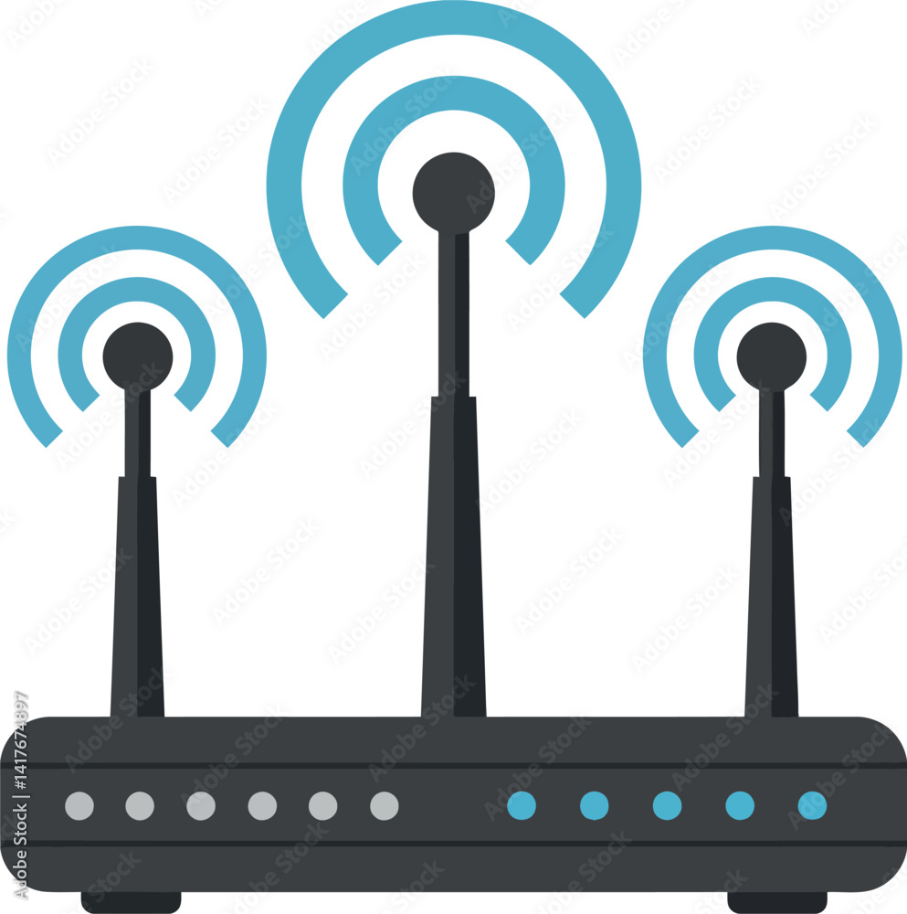 Aufkleber wireless router with three antennas emitting signals in flat minimal style vector illustration