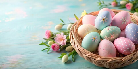 Colorful pastel Easter eggs nestled in a wicker basket with soft pink and baby blue hues surrounding them , woven basket, floral pattern