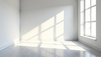 Empty white room with natural light pouring in through a large window, white, Scandinavian